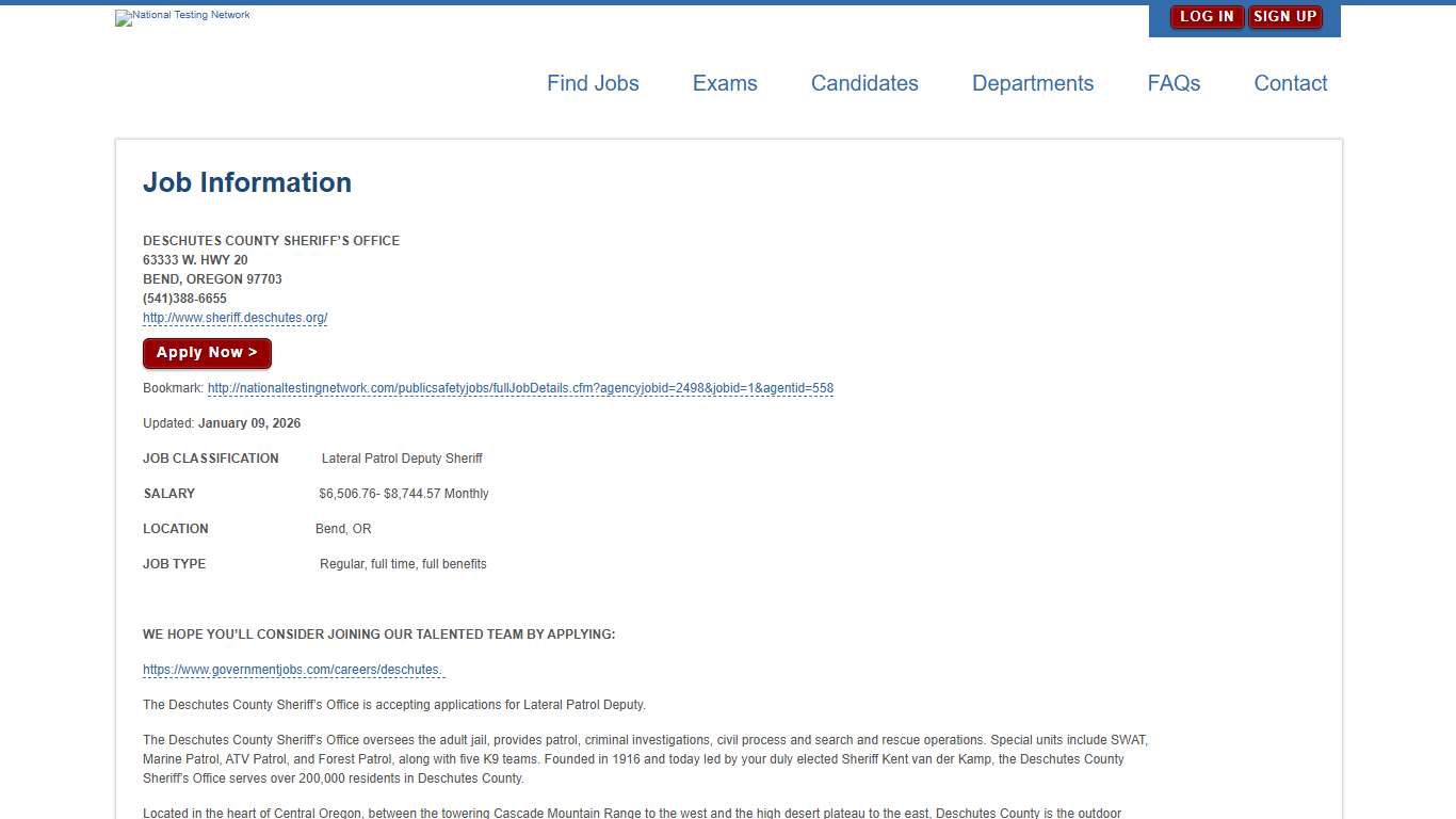 DESCHUTES COUNTY SHERIFF’S OFFICE Job Details National Testing Network